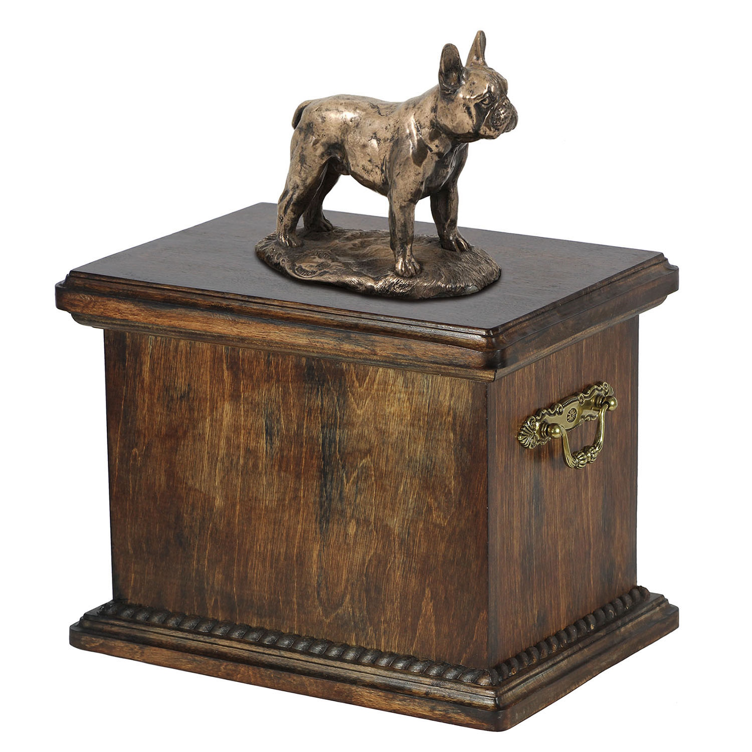 houten urn met beeldje franse bulldog graveerbaar