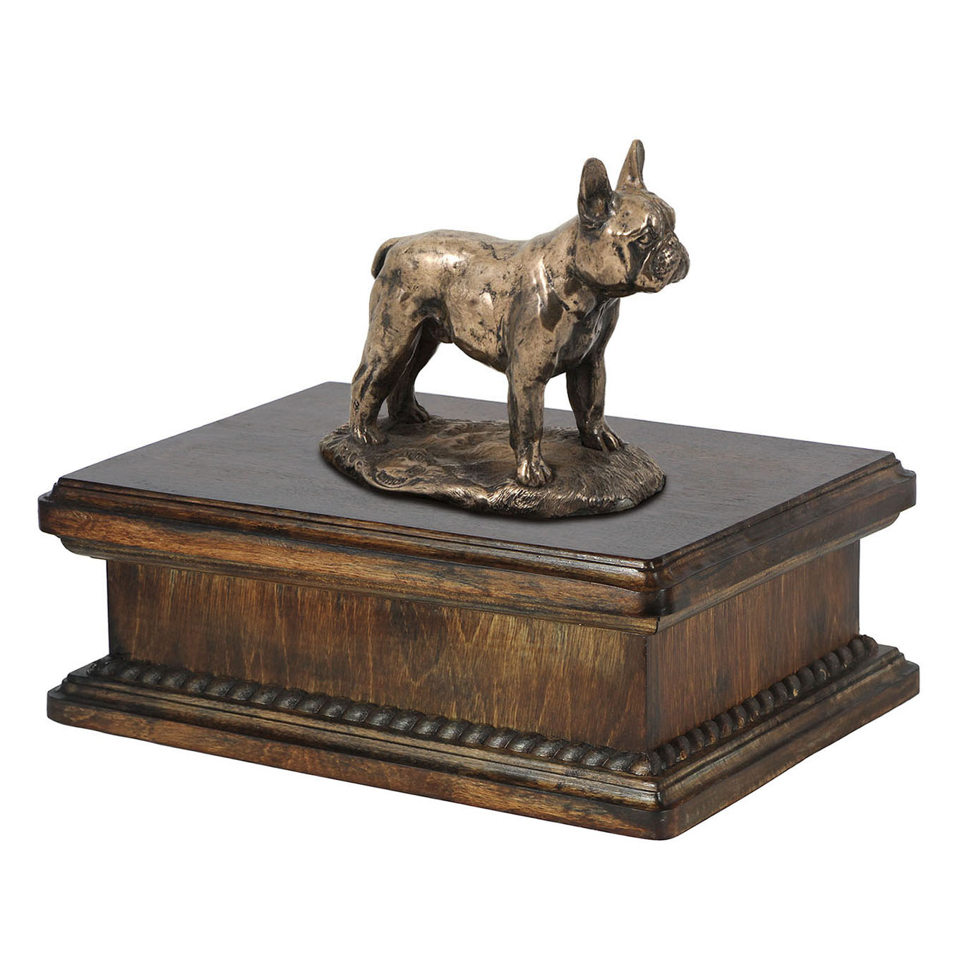 lage houten urn met beeldje franse bulldog