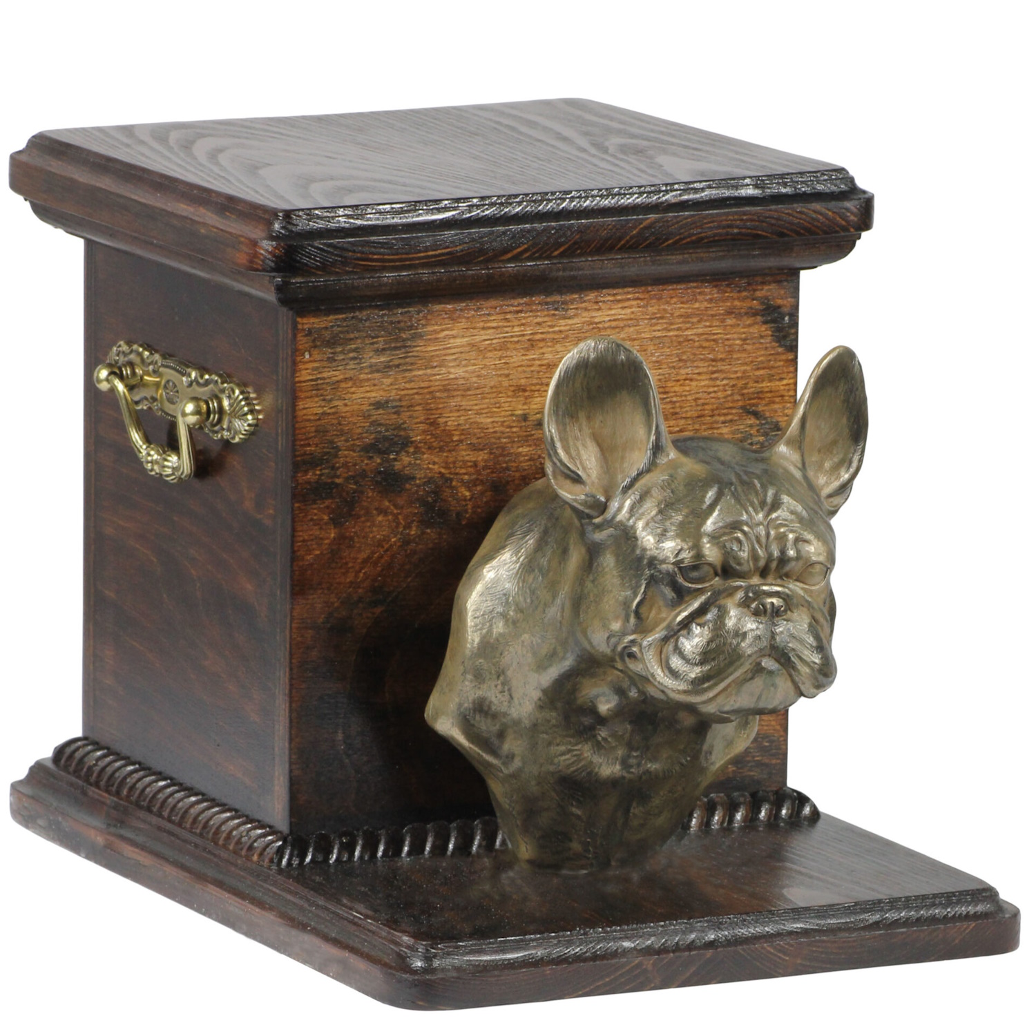 vierkante houten urn franse bulldog closeup